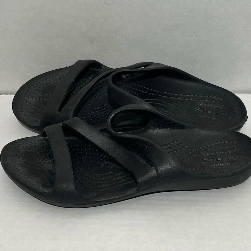 Crocs Women's Black Rubber Kadee II Iconic Comfort Slip On Strappy Sandal Size 7
